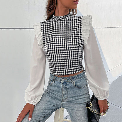 Blusa de Cuello Medio Houndstooth Manga Larga y Corte Corto | Ideal para Otoño e Invierno
