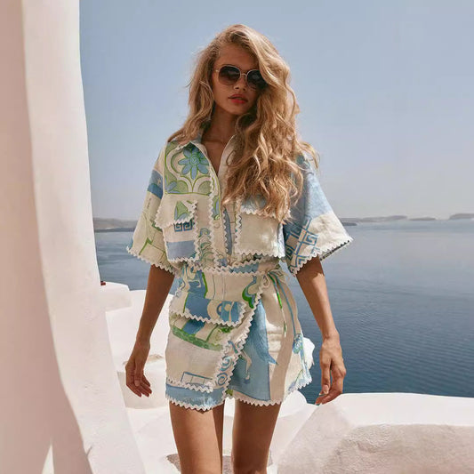 Conjunto de Dos Piezas en Algodón-Lino con Estampado de Encaje | Ideal para Primavera y Verano
