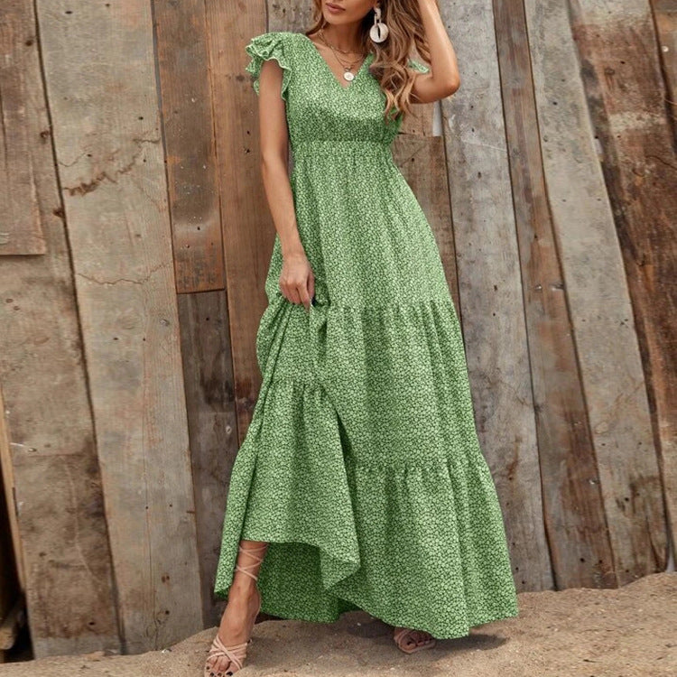 Vestido Bohemio con Escote en V y Estampado Floral con Mangas Cortas | Ideal para el Verano