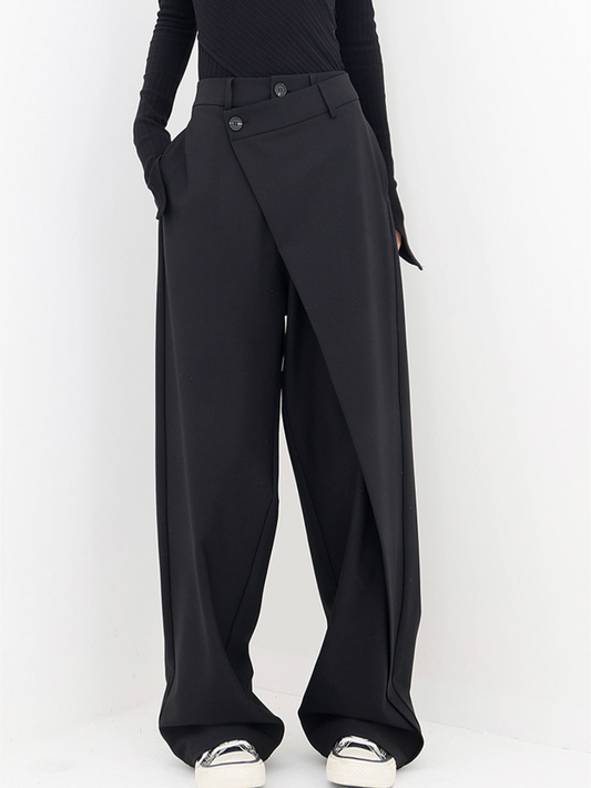 Pantalones anchos de cintura alta con botón asimétrico I Ideales para primavera y otoño