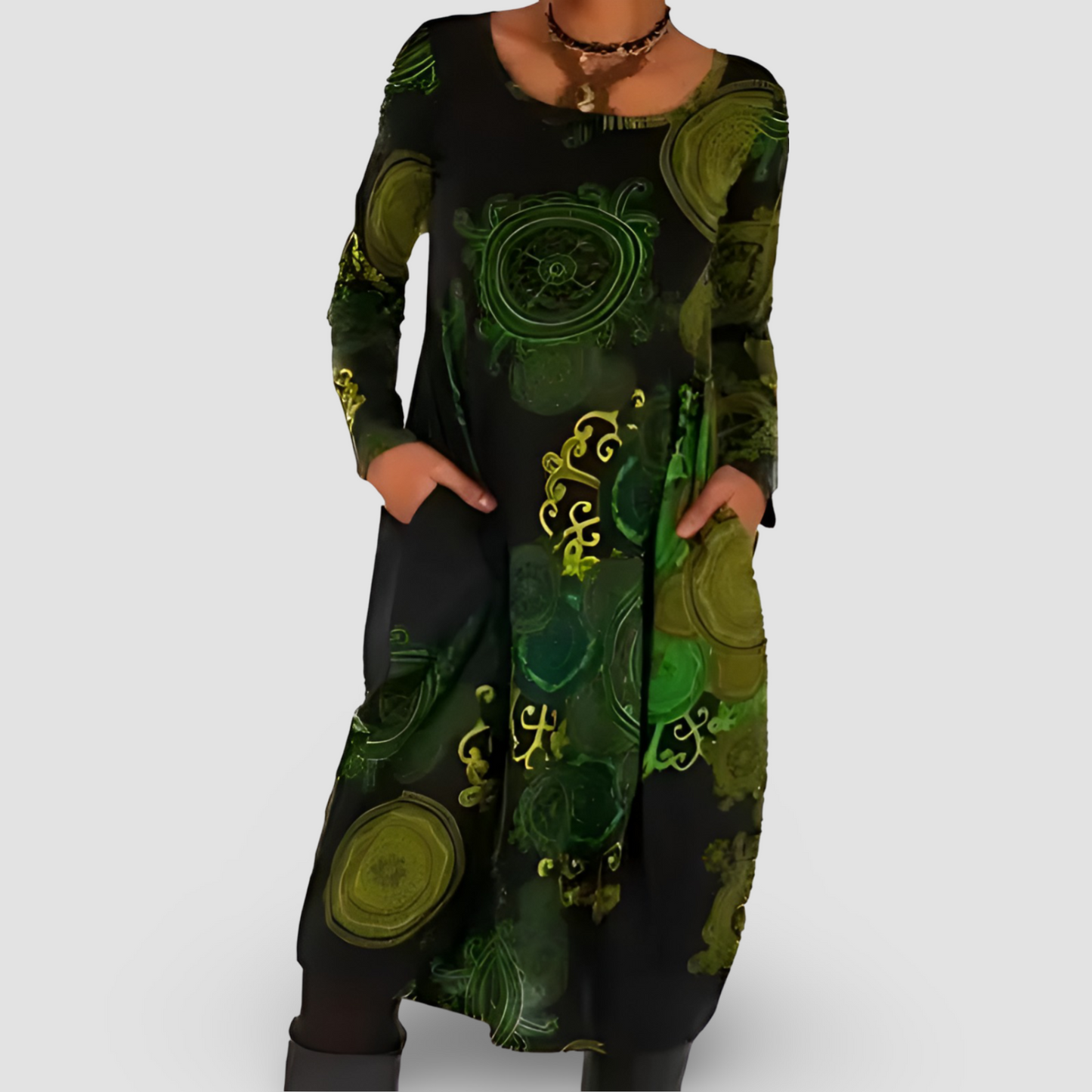Vestido Holgado de Manga Larga con Estampado Artístico y Bolsillos | Ideal para Otoño e Invierno