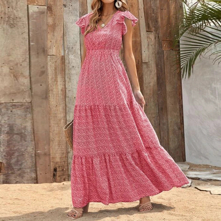 Vestido Bohemio con Escote en V y Estampado Floral con Mangas Cortas | Ideal para el Verano