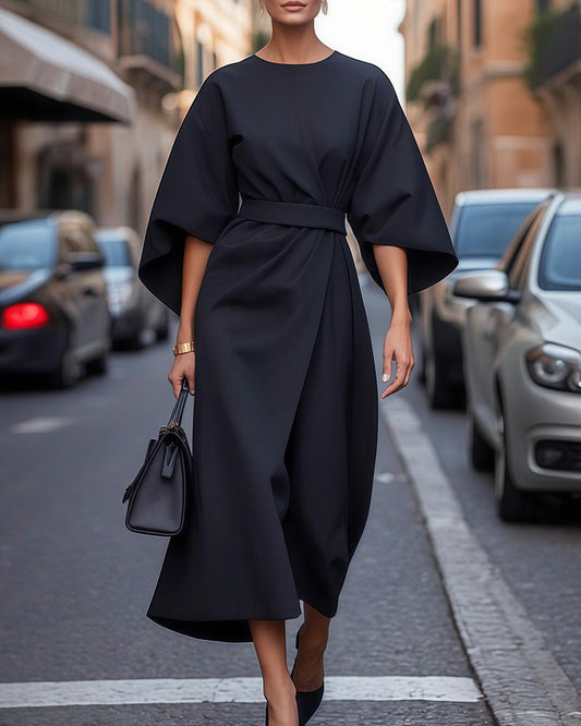 Vestido Midí con Cinturón, Mangas Anchas y Lazada en la Cintura | Ideal para Primavera y Verano