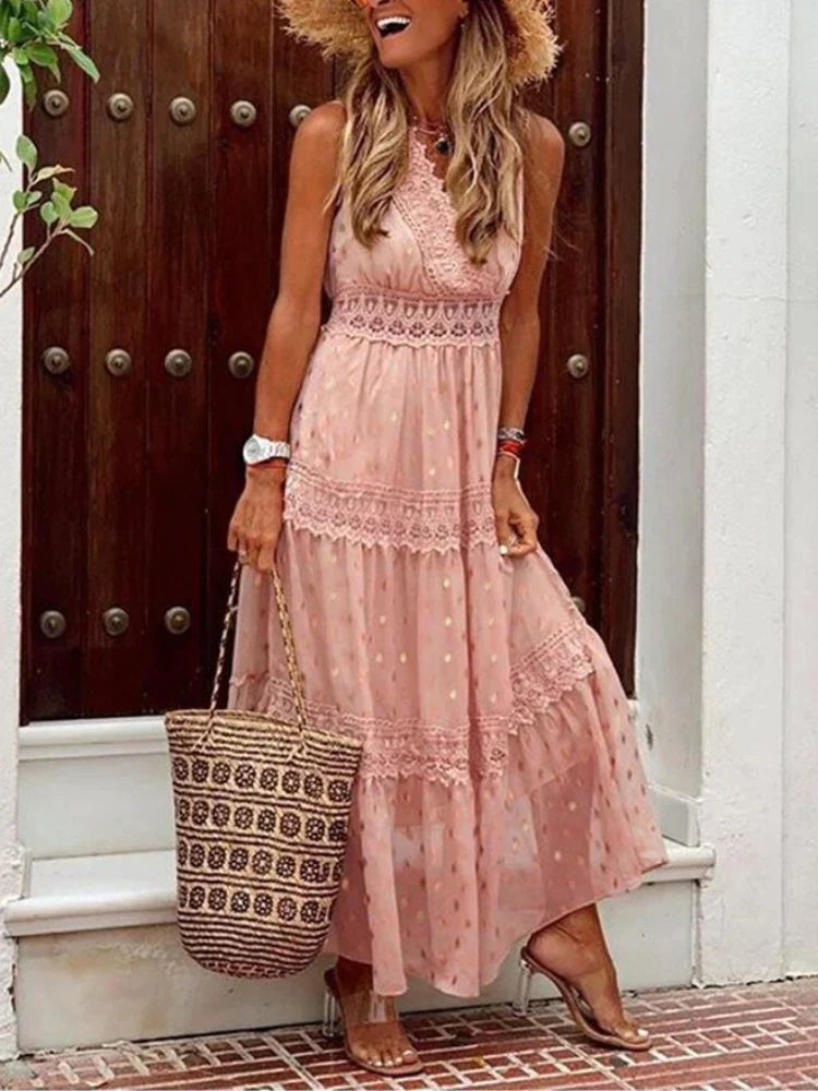 Vestido Largo de Encaje con Detalles Elegantes | Ideal para Primavera y Verano