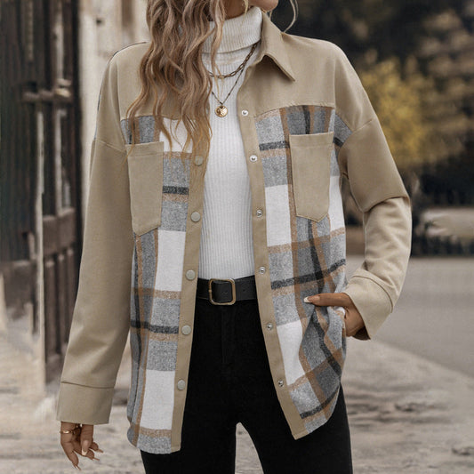 Abrigo de Cuadros con Colorblock, Solapa y Bolsillos para Mujer | Ideal para Otoño