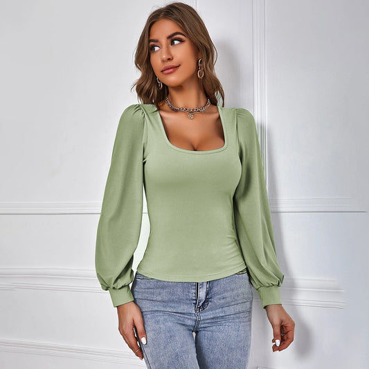 Blusa Verde con Mangas Abullonadas y Escote Cuadrado I Ideal para Primavera y Otoño