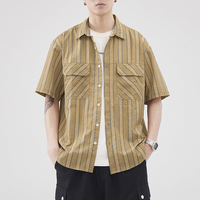 Cárdigan de Verano para Hombre en Punto Seersucker Rayas, Manga Corta y Texturizado