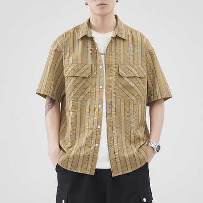 Cárdigan de Verano para Hombre en Punto Seersucker Rayas, Manga Corta y Texturizado