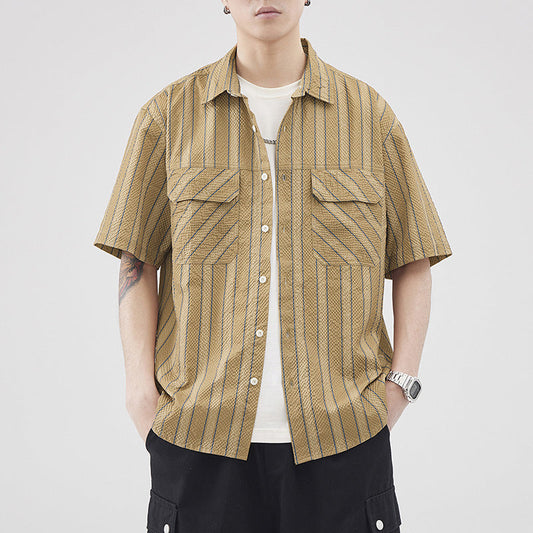 Cárdigan de Verano para Hombre en Punto Seersucker Rayas, Manga Corta y Texturizado