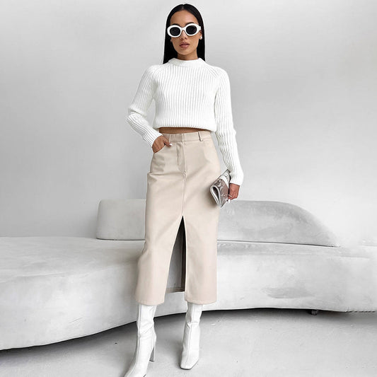 Falda Recta de Piel de PU Forrada en Felpa | Ideal para Otoño e Invierno
