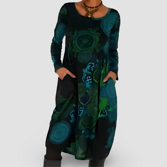 Vestido Holgado de Manga Larga con Estampado Artístico y Bolsillos | Ideal para Otoño e Invierno