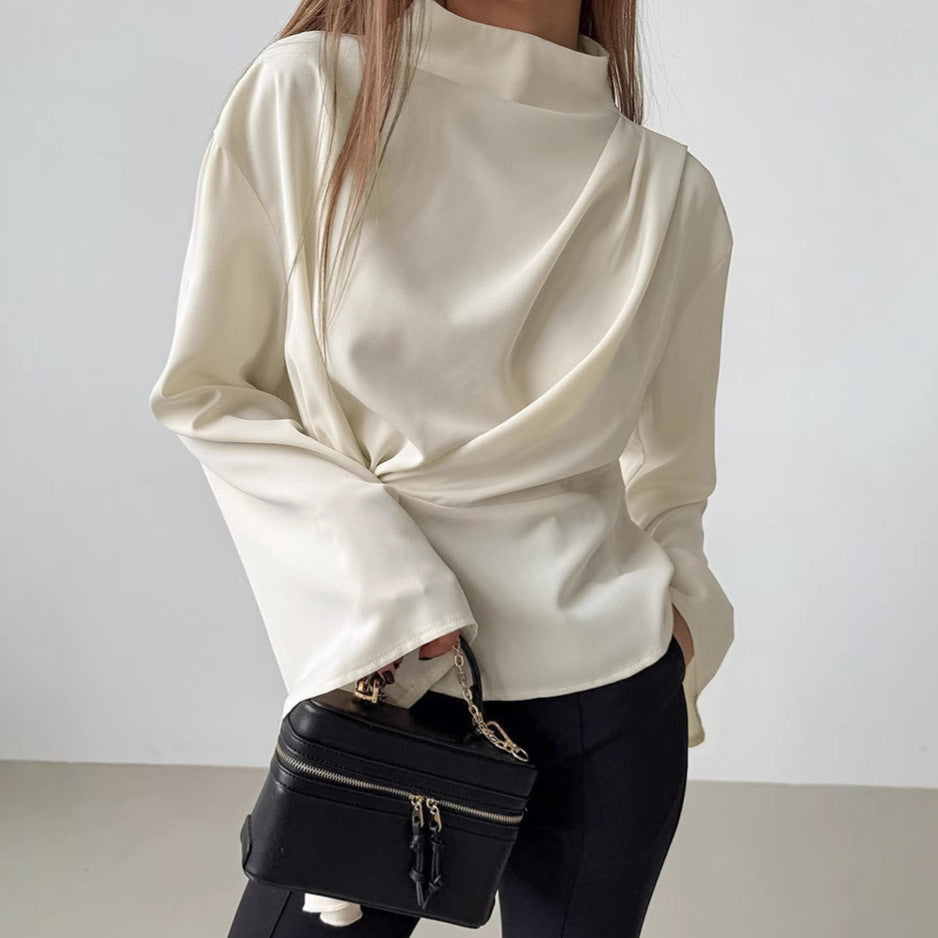 Blusa de Chifón con Cuello Alto, Mangas Campana y Plisados – Ideal para Primavera y Verano