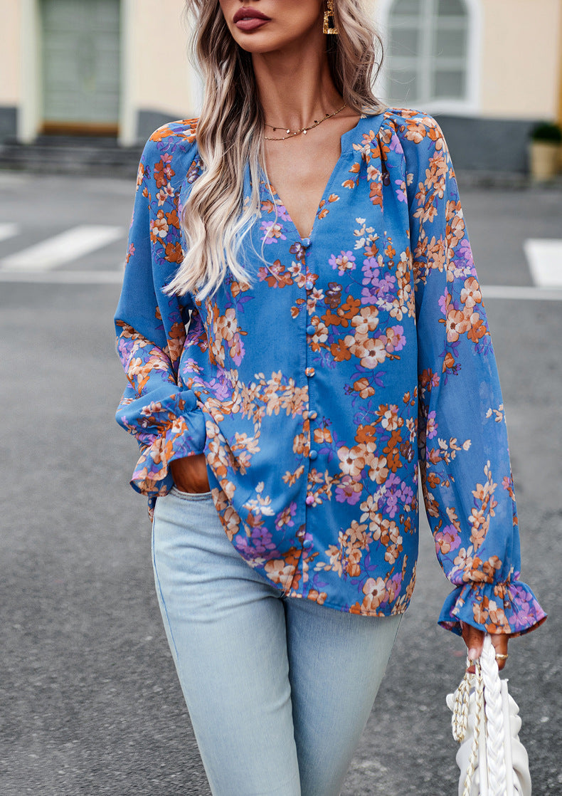 Blusa de Chiffon de Manga Larga con Escote en V y Estampado Floral
