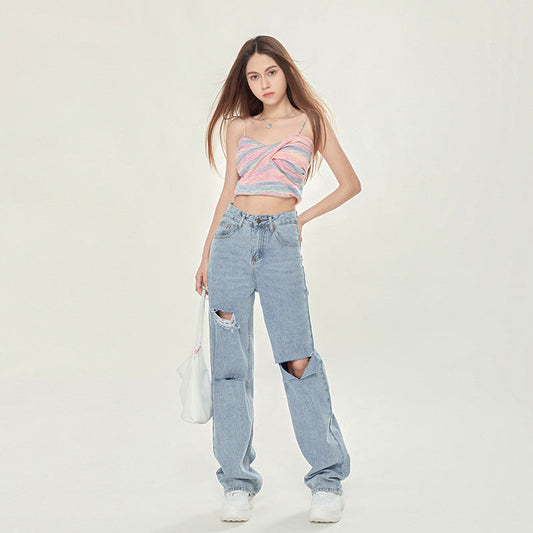 Jeans Tobillo Ancho Rasgados de Tiro Alto Azul Claro | Ideales para Todas las Temporadas
