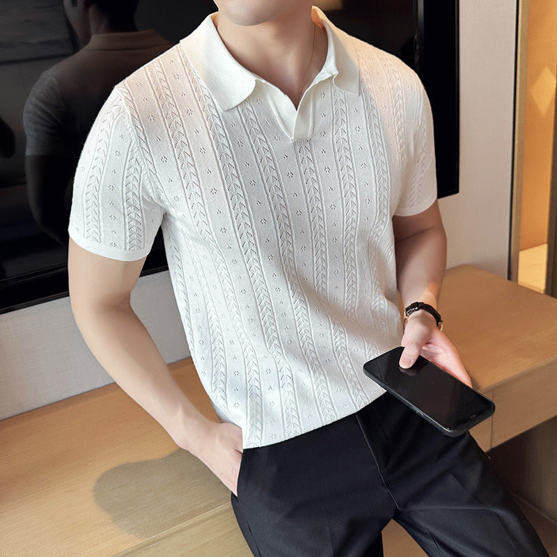 Camiseta de Punto Jacquard a Rayas con Cuello en V – Ideal para Verano
