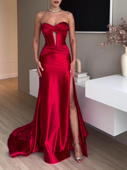 Vestido Largo de Noche Sin Tirantes con Abertura Alta – Ideal para Otoño e Invierno