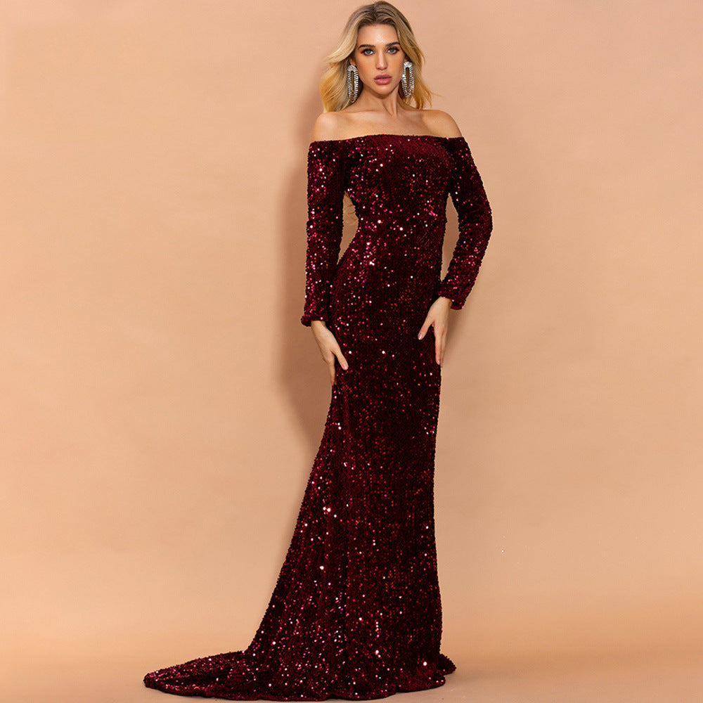 Vestido de Noche Sin Tirantes con Mangas Largas y Lentejuelas | Ideal para Otoño e Invierno