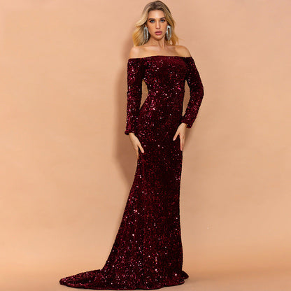 Vestido de Noche Sin Tirantes con Mangas Largas y Lentejuelas | Ideal para Otoño e Invierno
