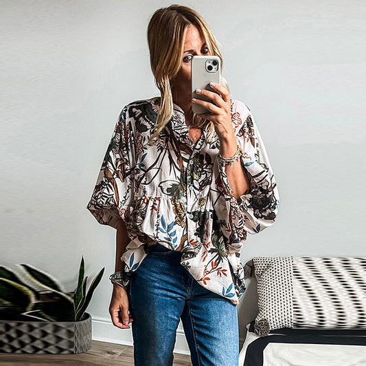 Camisa Holgada de Manga Larga con Estampado Floral para Mujer | Ideal para Primavera y Otoño