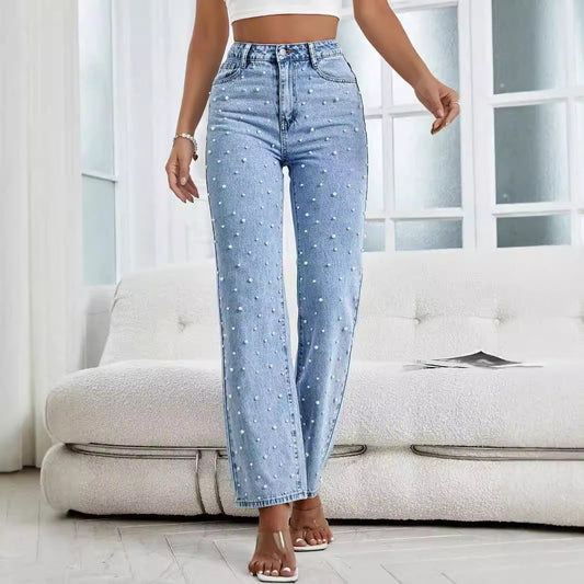 Jeans Denim Cortos con Cuentas en Azul Claro | Ideal para Primavera y Verano
