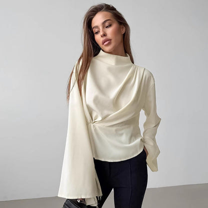 Blusa de Chifón con Cuello Alto, Mangas Campana y Plisados – Ideal para Primavera y Verano