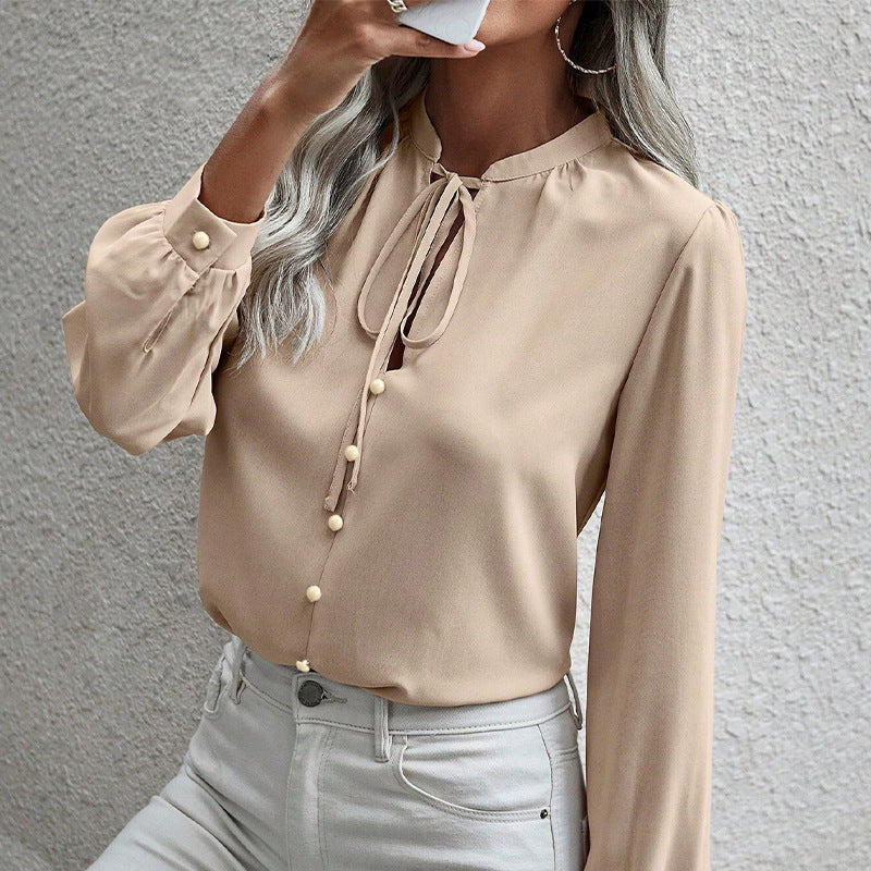Camisa de Manga Larga con Cuello de Cordones | Ideal para Primavera y Otoño