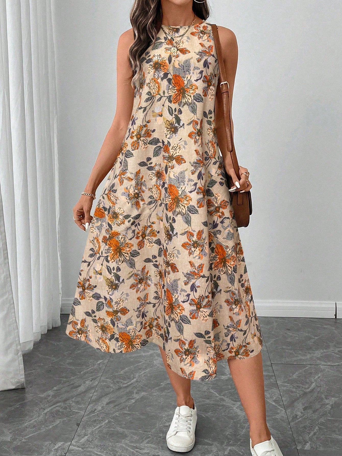 Vestido Midi sin Mangas con Cuello Redondo, Bajo Acampanado y Estampado Floral | Ideal para Primavera y Verano
