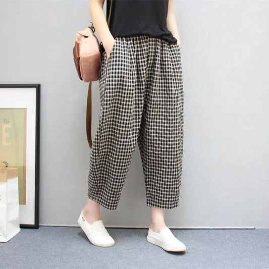 Pantalones Harem de Lino Algodón con Estampado Cuadros - Ideales para Todas las Estaciones