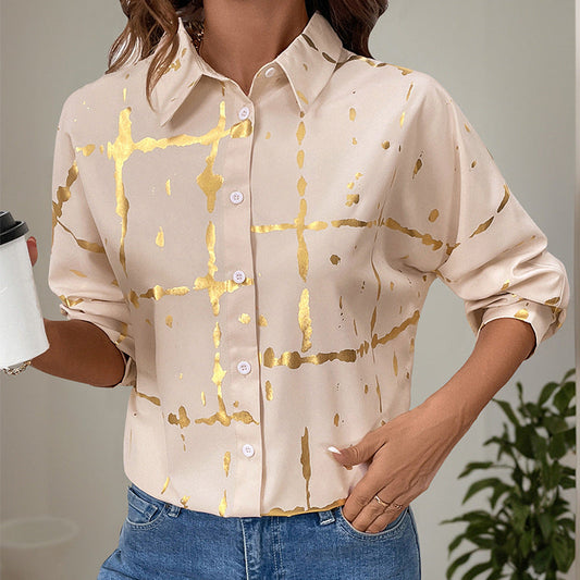 Camisa Larga con Solapas y Detalles Geométricos Bronceados – Ideal para Otoño e Invierno