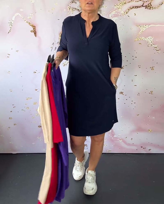 Vestido Recto con Cuello en V y Mangas 3/4 | Ideal para Primavera y Verano