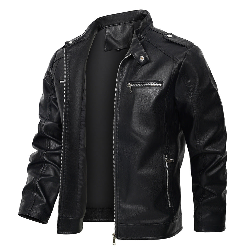 Chaqueta de Moto de Cuero PU para Hombre con Cuello Alto | Ideal para Otoño y Primavera