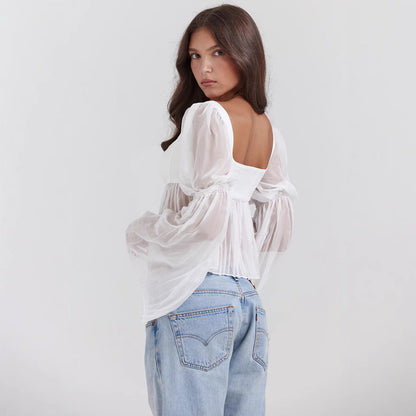 Top de Chifón Transparente de Manga Larga y Cuello Cuadrado para Mujer | Ideal para Primavera y Verano