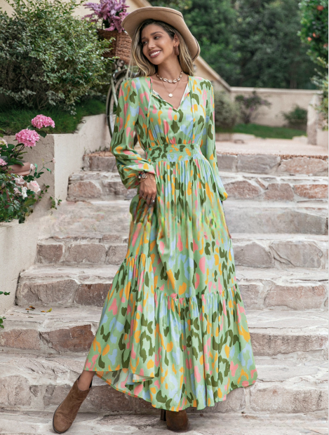 Vestido Largo de Estampado Bohemio con Cintura Fruncida y Mangas Largas | Ideal para Primavera y Otoño