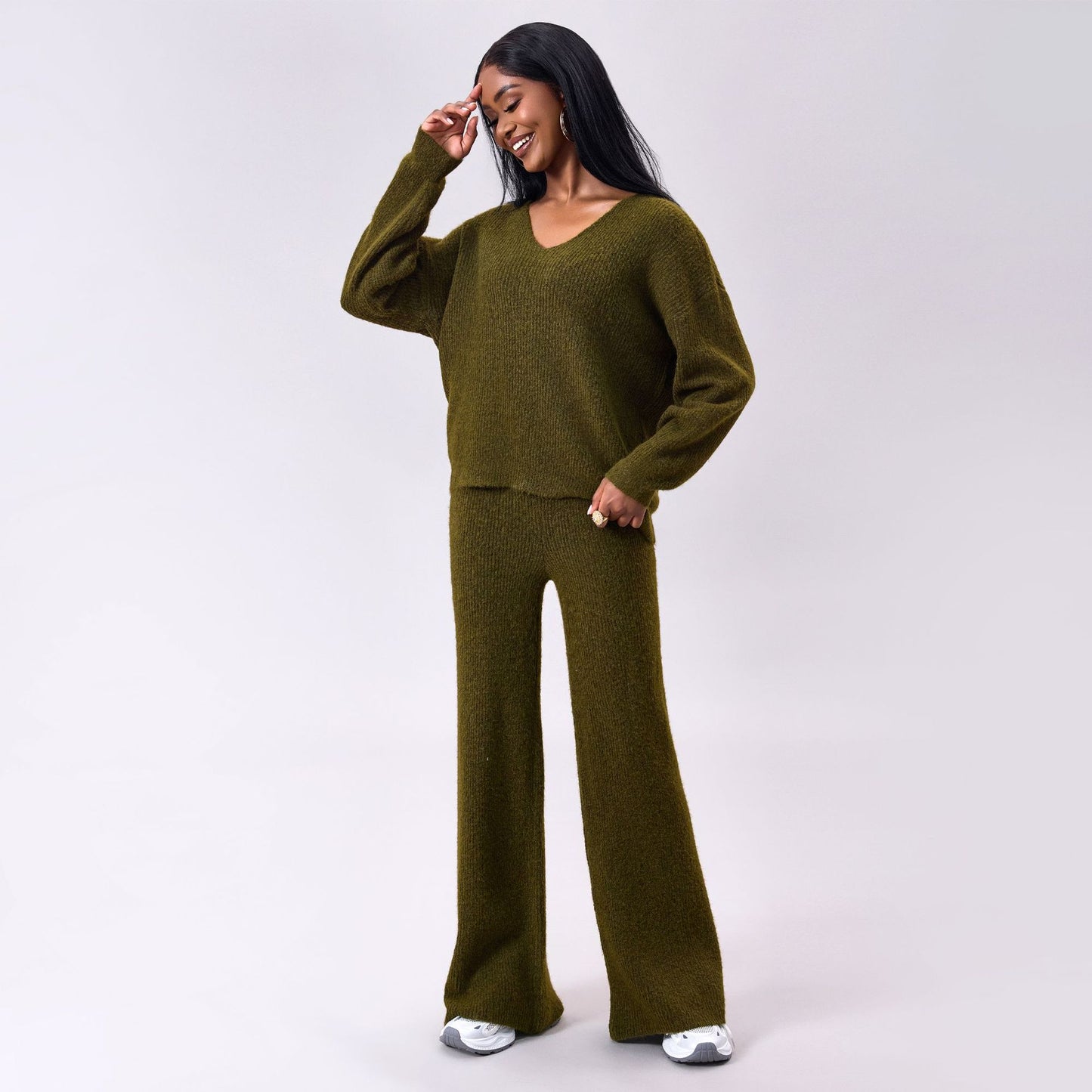 Conjunto de Dos Piezas de Punto con Rayas Hundidas y Mangas Largas | Ideal para Otoño