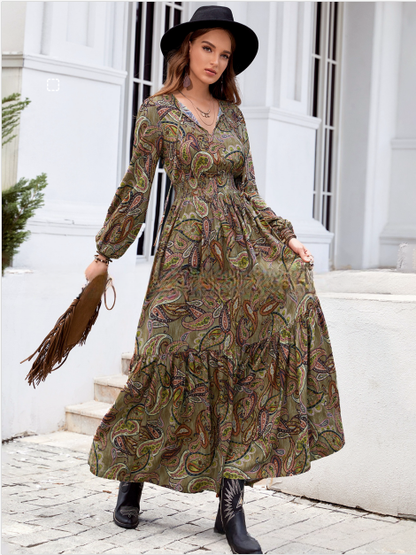 Vestido Largo de Estampado Bohemio con Cintura Fruncida y Mangas Largas | Ideal para Primavera y Otoño