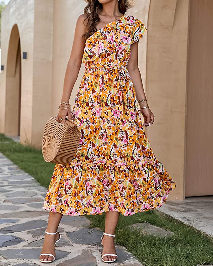 Vestido Sin Mangas con Estampado Bohemio y Cintura Alta con Hombro Asimétrico | Ideal para Primavera y Verano