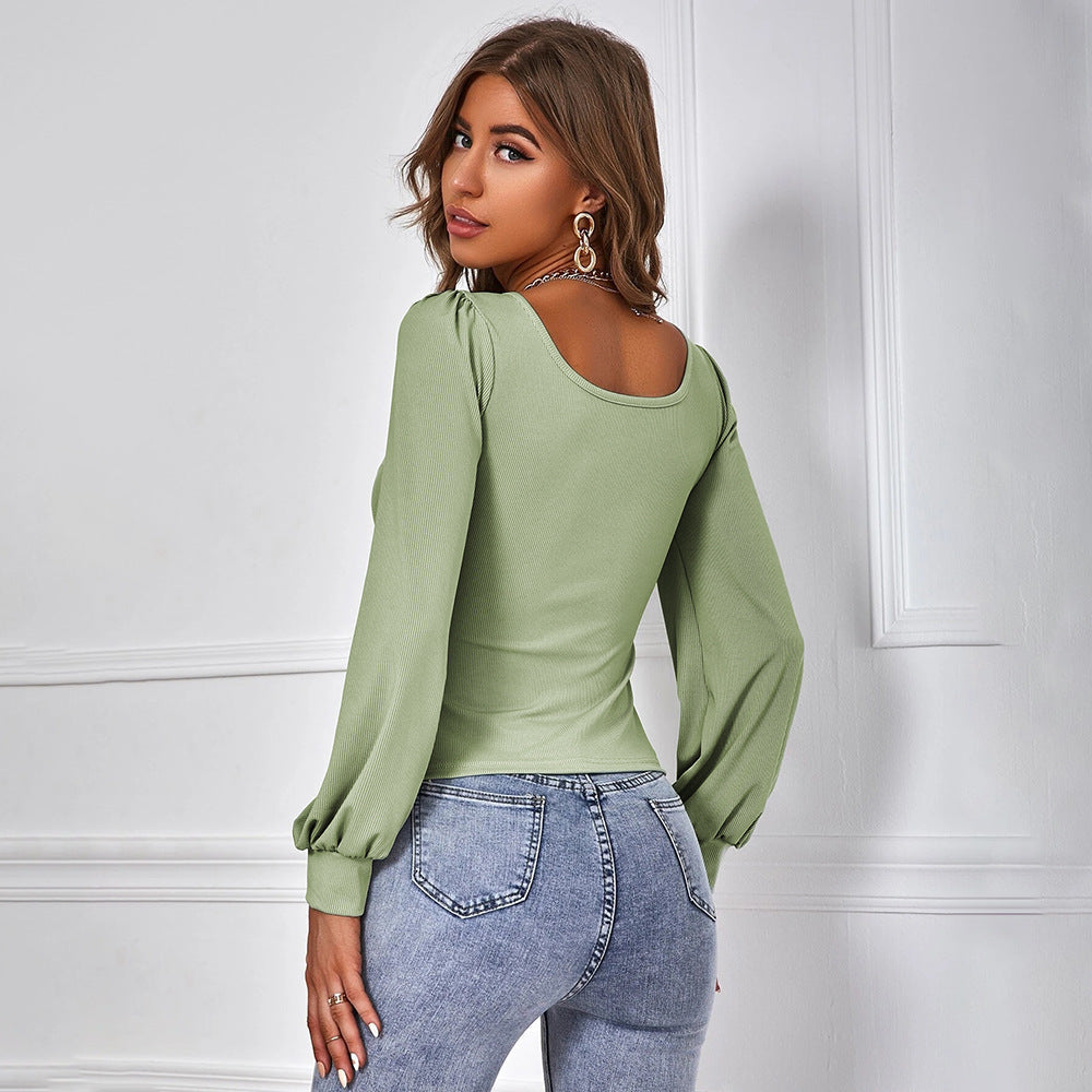 Blusa Verde con Mangas Abullonadas y Escote Cuadrado I Ideal para Primavera y Otoño