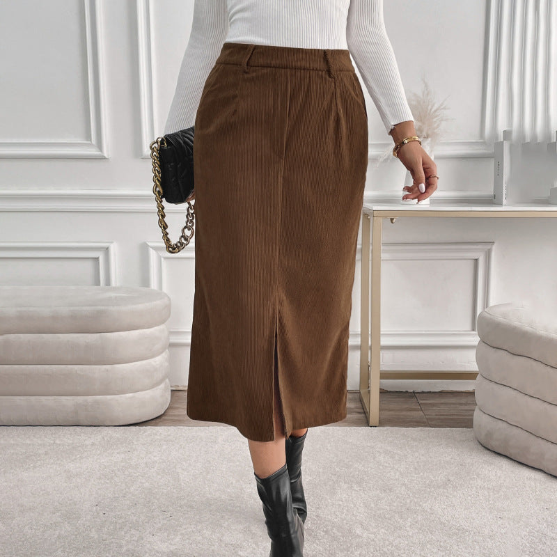 Falda Mid-Length de Tiro Alto en Pana con Abertura | Ideal para Otoño e Invierno