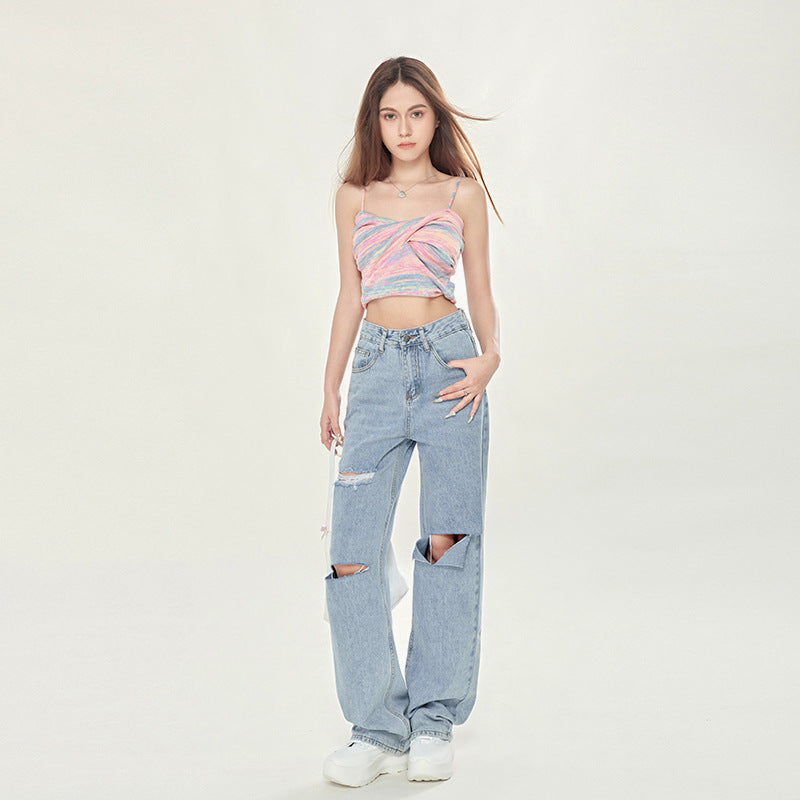 Jeans Tobillo Ancho Rasgados de Tiro Alto Azul Claro | Ideales para Todas las Temporadas