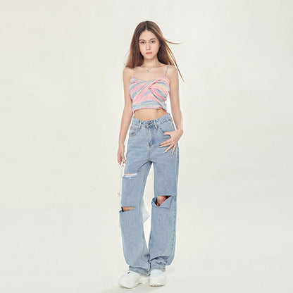 Jeans Tobillo Ancho Rasgados de Tiro Alto Azul Claro | Ideales para Todas las Temporadas