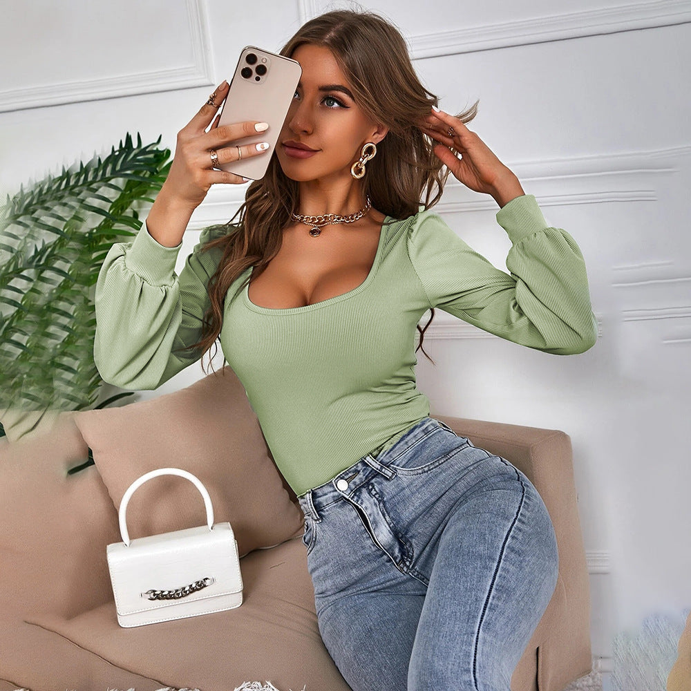 Blusa Verde con Mangas Abullonadas y Escote Cuadrado I Ideal para Primavera y Otoño