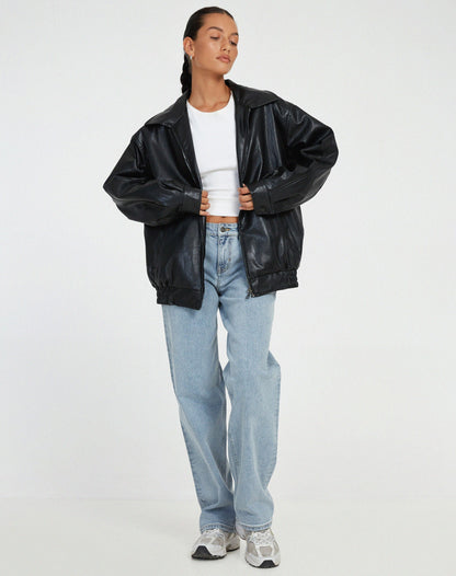 Chaqueta de cuero sintético oversize con ajuste holgado I Ideal para primavera y otoño