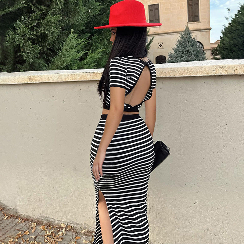 Conjunto de Top Sin Espalda de Manga Corta a Rayas y Falda Larga | Ideal para Primavera y Verano
