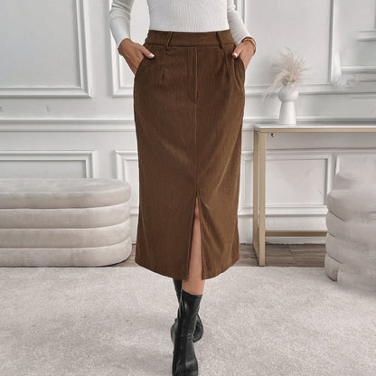 Falda Mid-Length de Tiro Alto en Pana con Abertura | Ideal para Otoño e Invierno