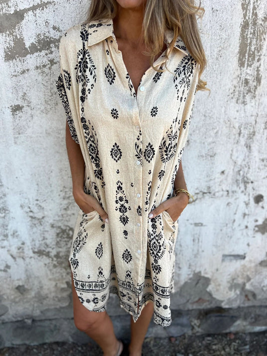 Vestido de Manga Corta de Lino y Algodón con Estampado y Bolsillos | Ideal para Primavera y Verano