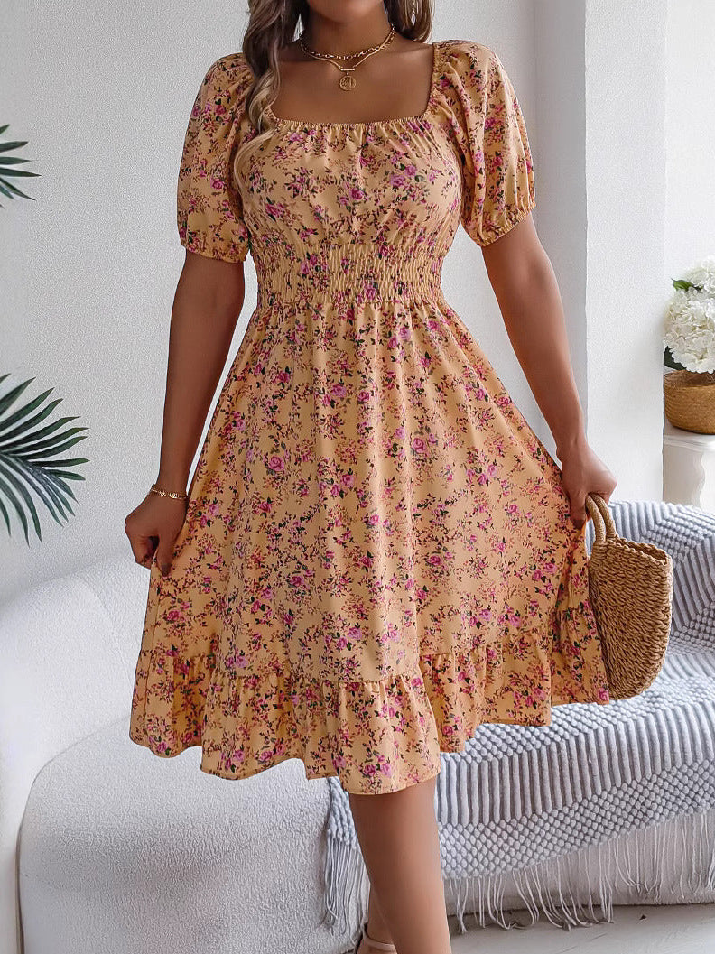 Vestido Floral con Cuello Cuadrado, Volantes y Cintura Alta | Ideal para el Verano