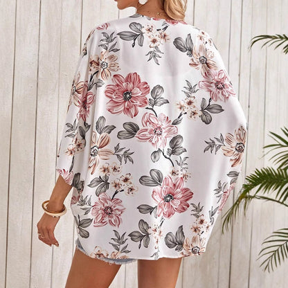 Abrigo de manga murciélago abierto con estampado – Ideal para primavera y otoño