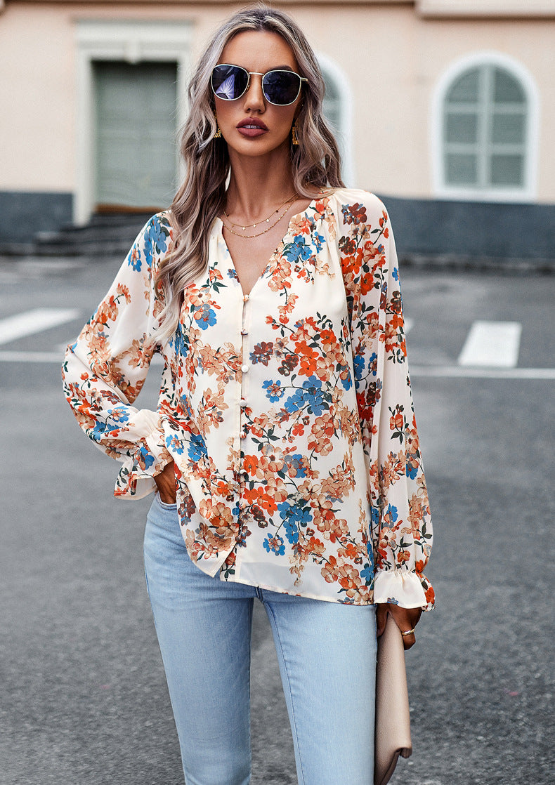Blusa de Chiffon de Manga Larga con Escote en V y Estampado Floral