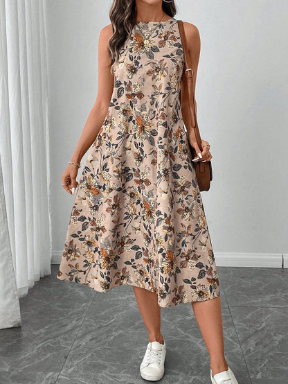Vestido Midi sin Mangas con Cuello Redondo, Bajo Acampanado y Estampado Floral | Ideal para Primavera y Verano