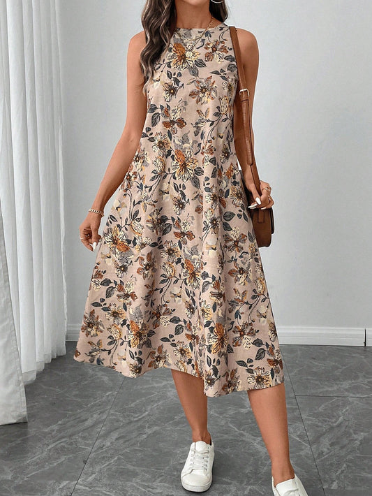 Vestido Midi sin Mangas con Cuello Redondo, Bajo Acampanado y Estampado Floral | Ideal para Primavera y Verano